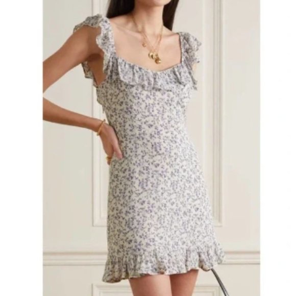 Reformation Dresses & Skirts - Reformation Gracie Mini Dress Sleeveless Ruffled Hem Cream Periwinkle 10